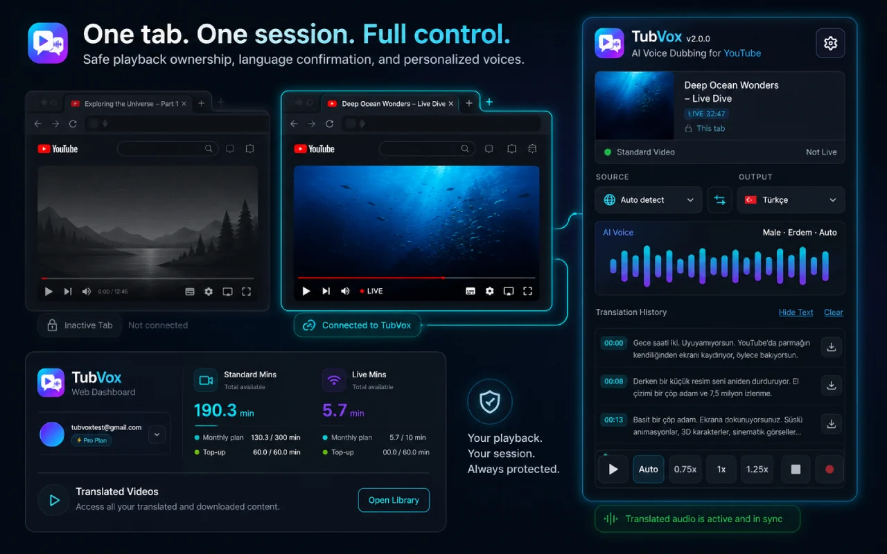 TubVox'un seçili YouTube sekmesini ve oynatma oturumunu gösteren ekran